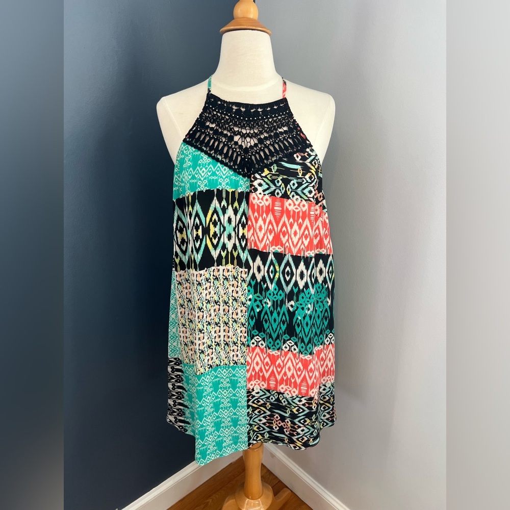 Design Lab by Lord & Taylor Patchwork Ikat Crochet Turq/Black Halter Swing Dress